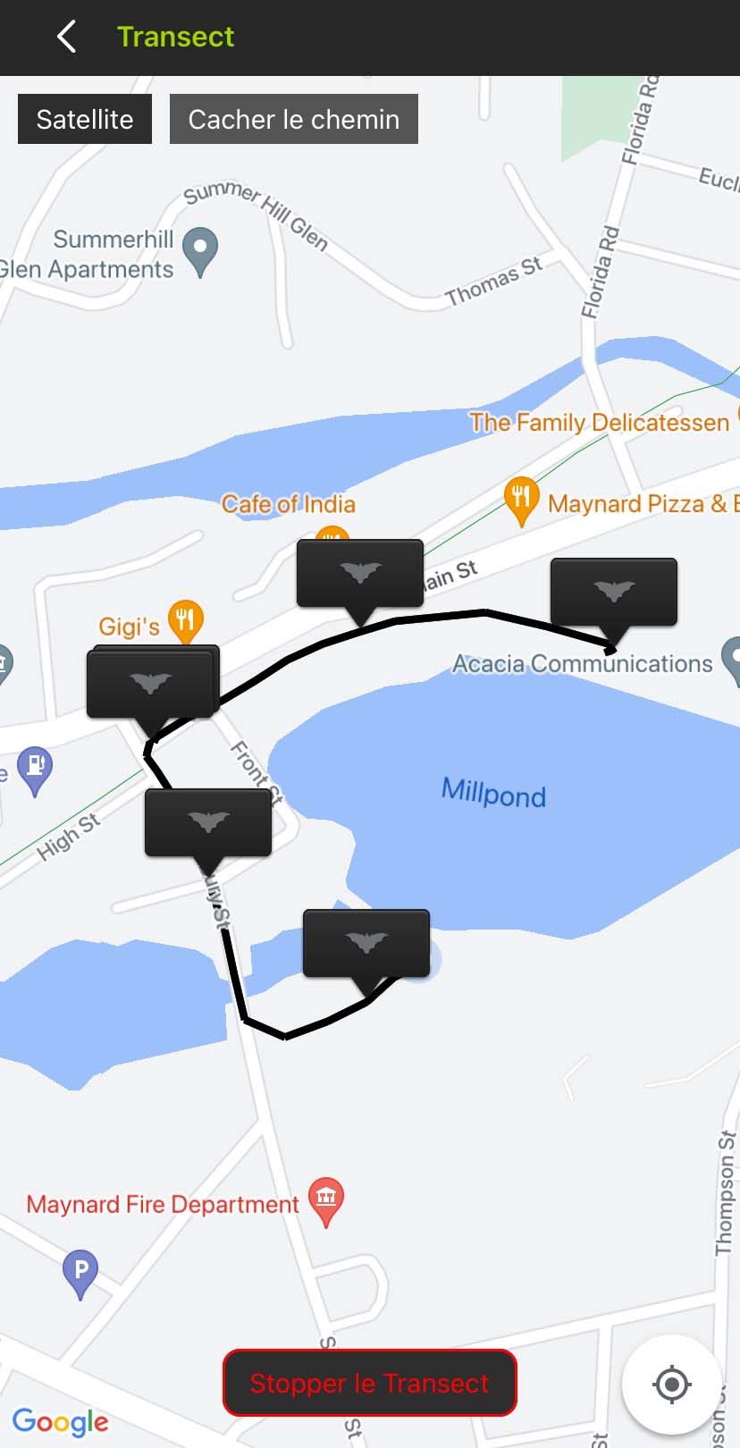 Capture d’écran de l’interface Transect. Une carte satellite montre un tracé blanc autour d’un quartier résidentiel et d’un étang. Des drapeaux noirs avec des icônes de chauve-souris indiquent l’emplacement des fichiers audio le long du chemin.