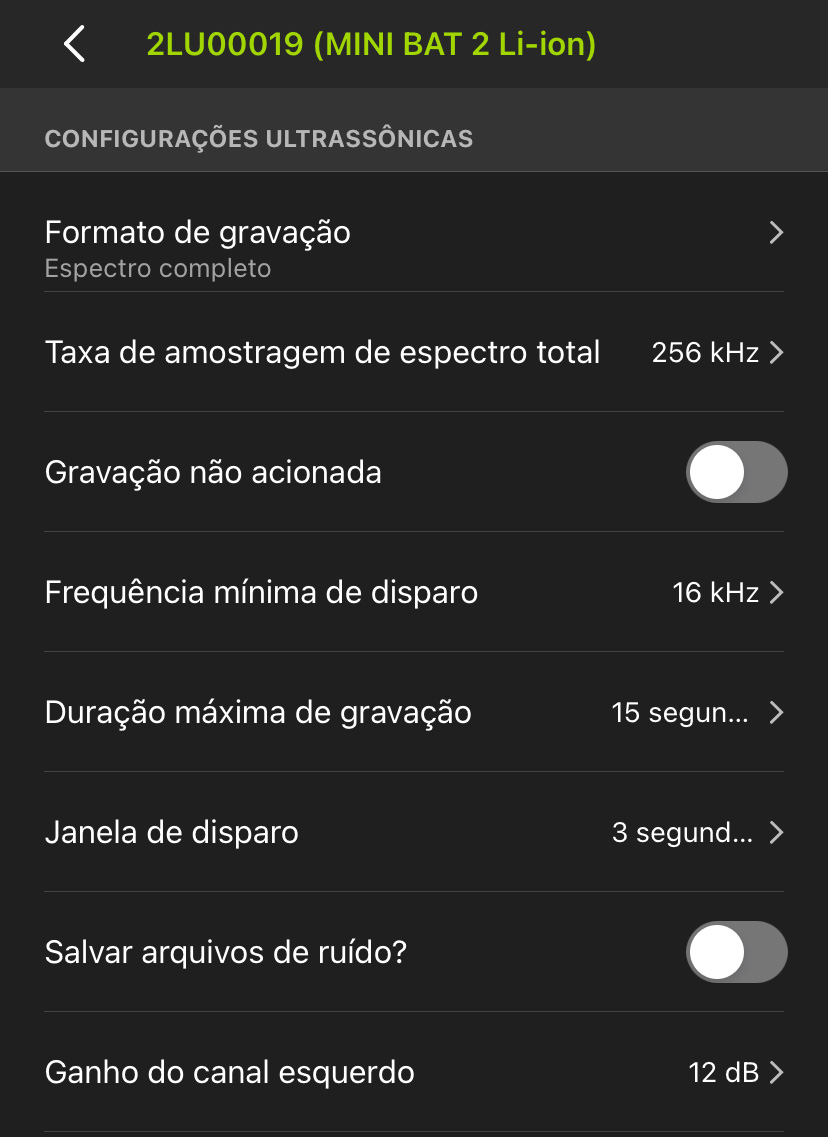 Captura de tela da página CONFIGURAÇÕES ULTRASSÔNICAS. As configurações estão descritas abaixo.