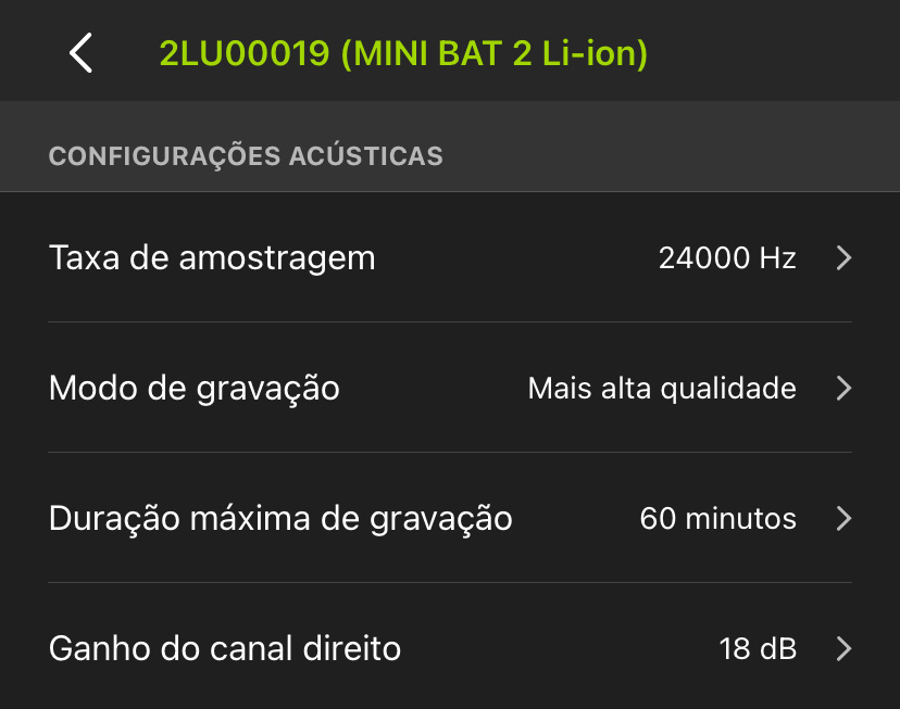 Captura de tela da tela configurações acústicas. As opções disponíveis estão descritas no texto a seguir.