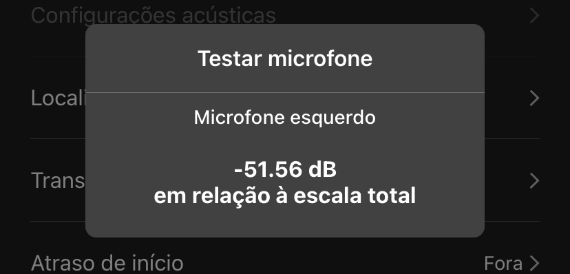 A janela Test microphone (Testar microfone) exibe uma leitura de nível para o microfone ultrassônico em valores negativos de decibéis (dB).