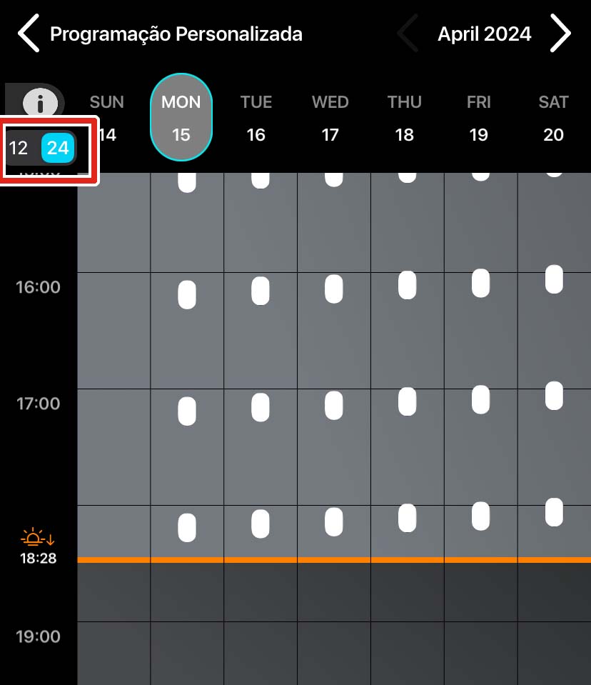 Quando a chave está definida para 24, o horário é rotulado como "17:00, 18:00, etc.” e o pôr do sol é rotulado como "19:06".