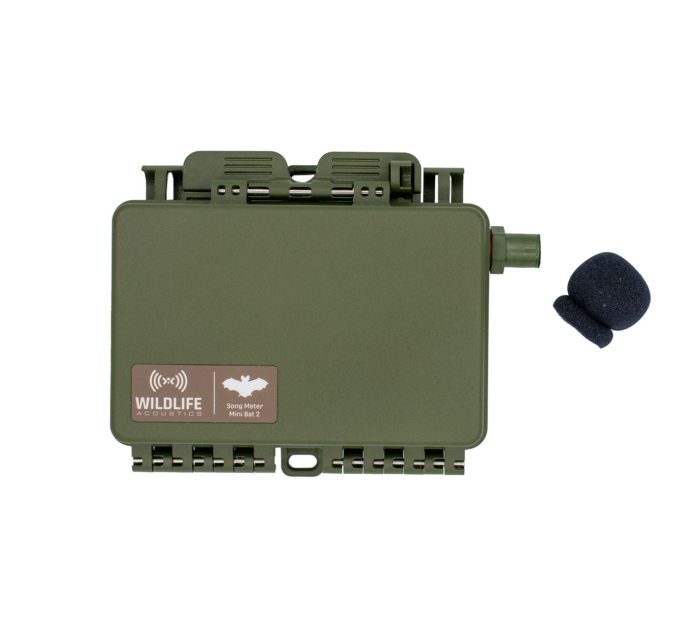 Ein Song Meter Mini Bat 2 mit installiertem Akustikmikrofon. Der Schaumstoff-Windschutz wurde entfernt. Dadurch ist der Kunststoffzylinder sichtbar, in dem sich das Mikrofon befindet.