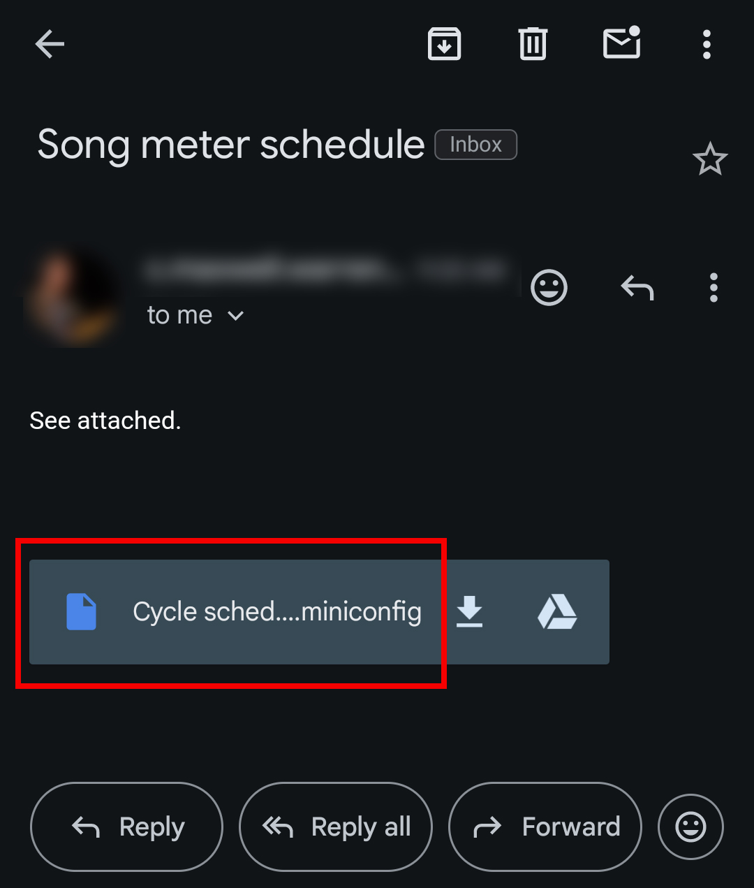 In the Gmail app, the attachment "Cycle schedule.miniconfig" is displayed below an email body.