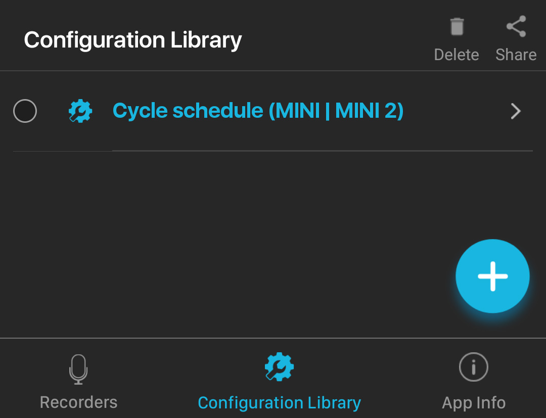 Screenshot of the Configuration Library, with "Cycle schedule (MINI | MINI 2)" shown in the list.