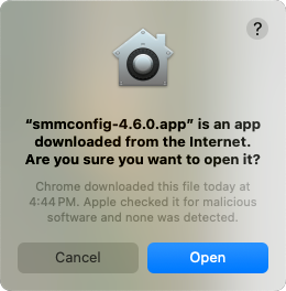 "smmconfig-4.6.0.app" is an app downloaded from the Internet. Are you sure you want to open it?
