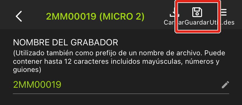 El icono Save (Guardar) se encuentra a la derecha del icono Load (Cargar) y a la izquierda del icono Utilities (Herramientas).