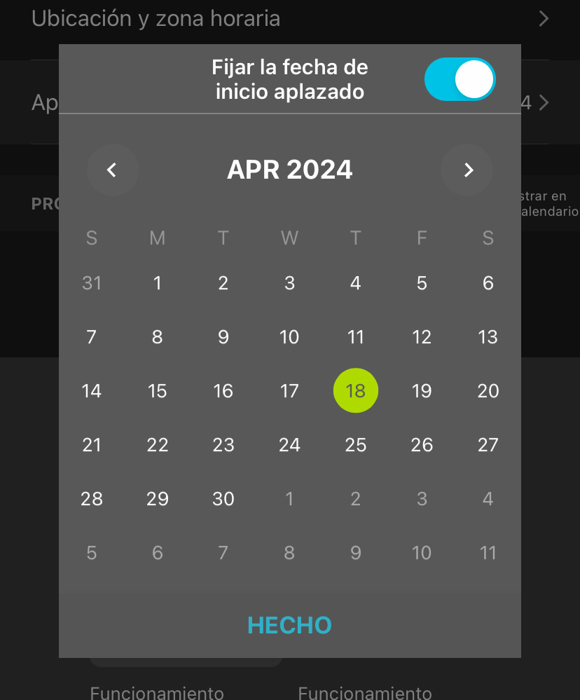 En la parte superior de la interfaz del calendario encontrará un botón para activar o desactivar la función de inicio diferido. El calendario muestra un mes cada vez, con flechas izquierda y derecha a cada lado de la etiqueta del mes y el año. Cada semana del calendario se muestra de domingo a sábado. Puede encontrarse el botón "DONE" (Hecho) en la parte inferior de la ventana.
