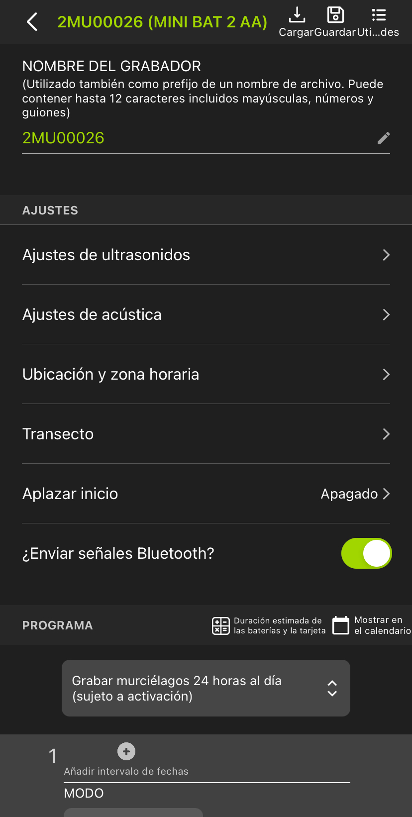 Captura de la pantalla del editor de configuración de un grabador emparejado.