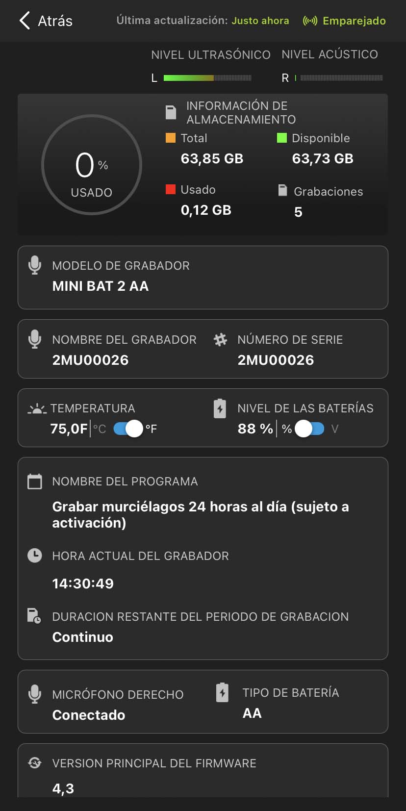 Captura de la pantalla de estado. En el texto siguiente se describen los elementos de la interfaz de usuario:
