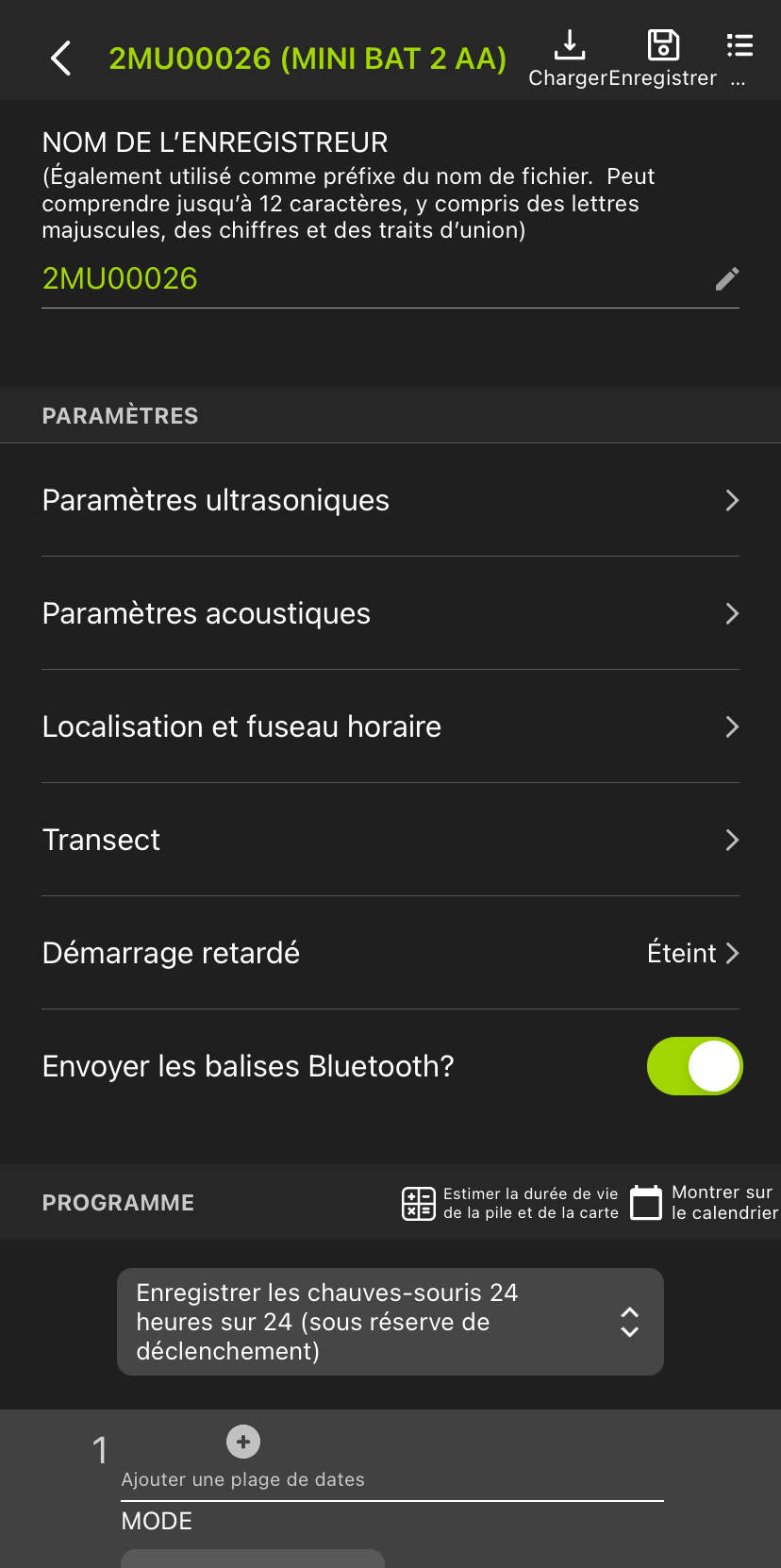 Capture d’écran de l’Éditeur de configuration pour un enregistreur appairé.