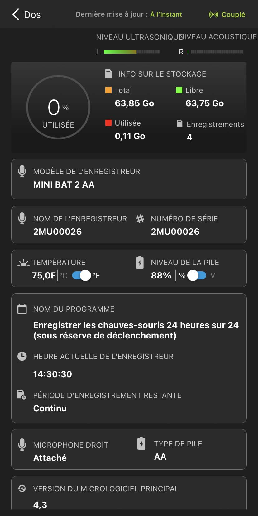 Capture d’écran de l’écran État. Les éléments de l’interface utilisateur sont décrits dans le texte ci-dessous.