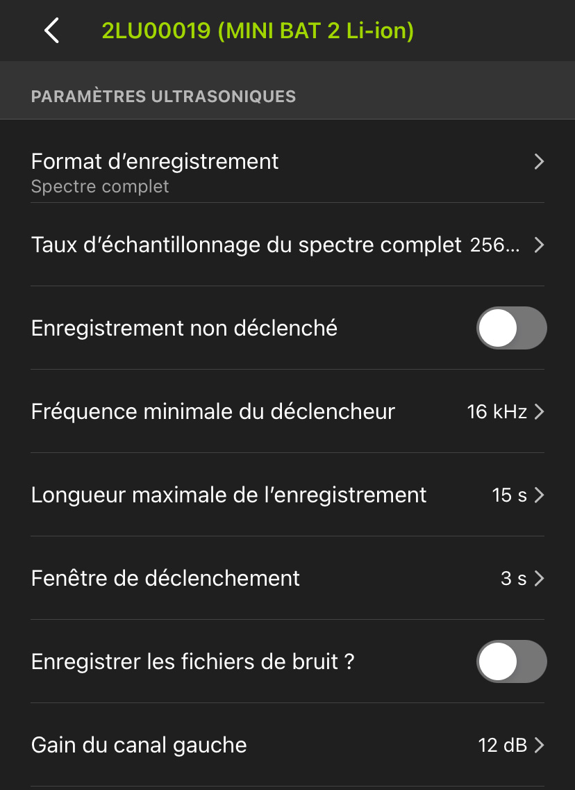 Capture d’écran de la page PARAMÈTRES ULTRASONIQUES. Les paramètres sont décrits ci-dessous.