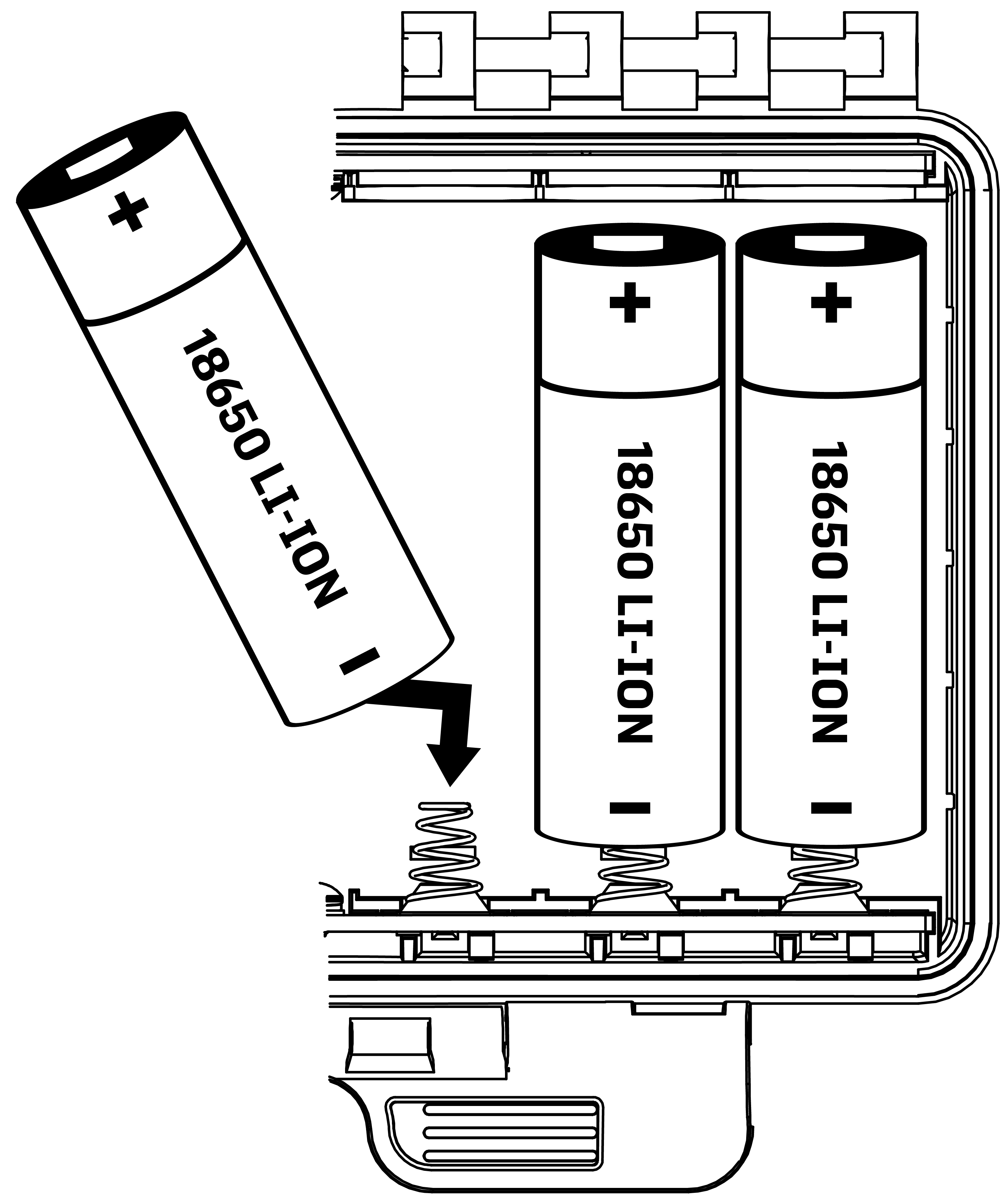 Le contact plat et négatif de chaque pile au lithium-ion 18650 doit être placé contre le ressort dans chaque emplacement de pile.