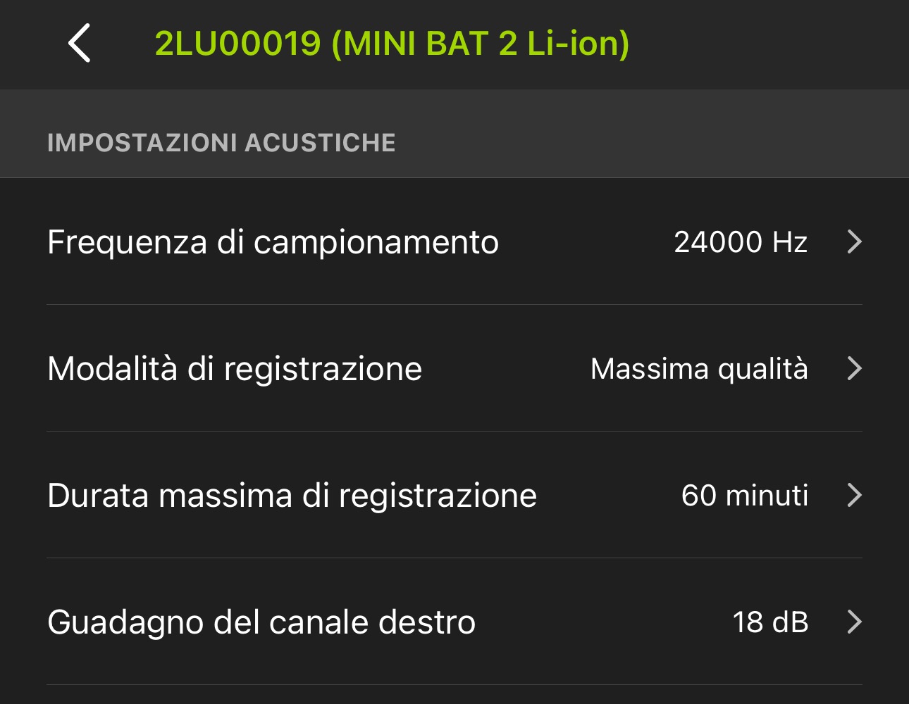 Screenshot della schermata delle impostazioni acustiche. Le opzioni disponibili sono descritte nel testo seguente.