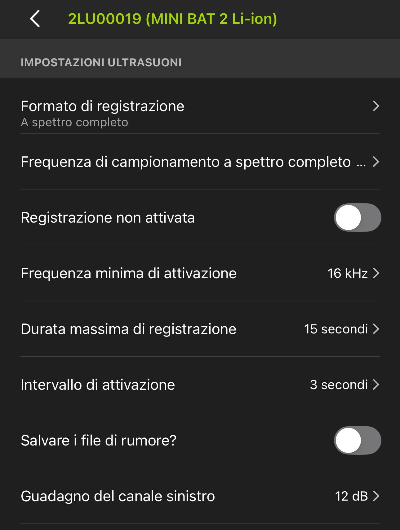 Screenshot della pagina IMPOSTAZIONI ULTRASUONI. Le impostazioni sono descritte di seguito.