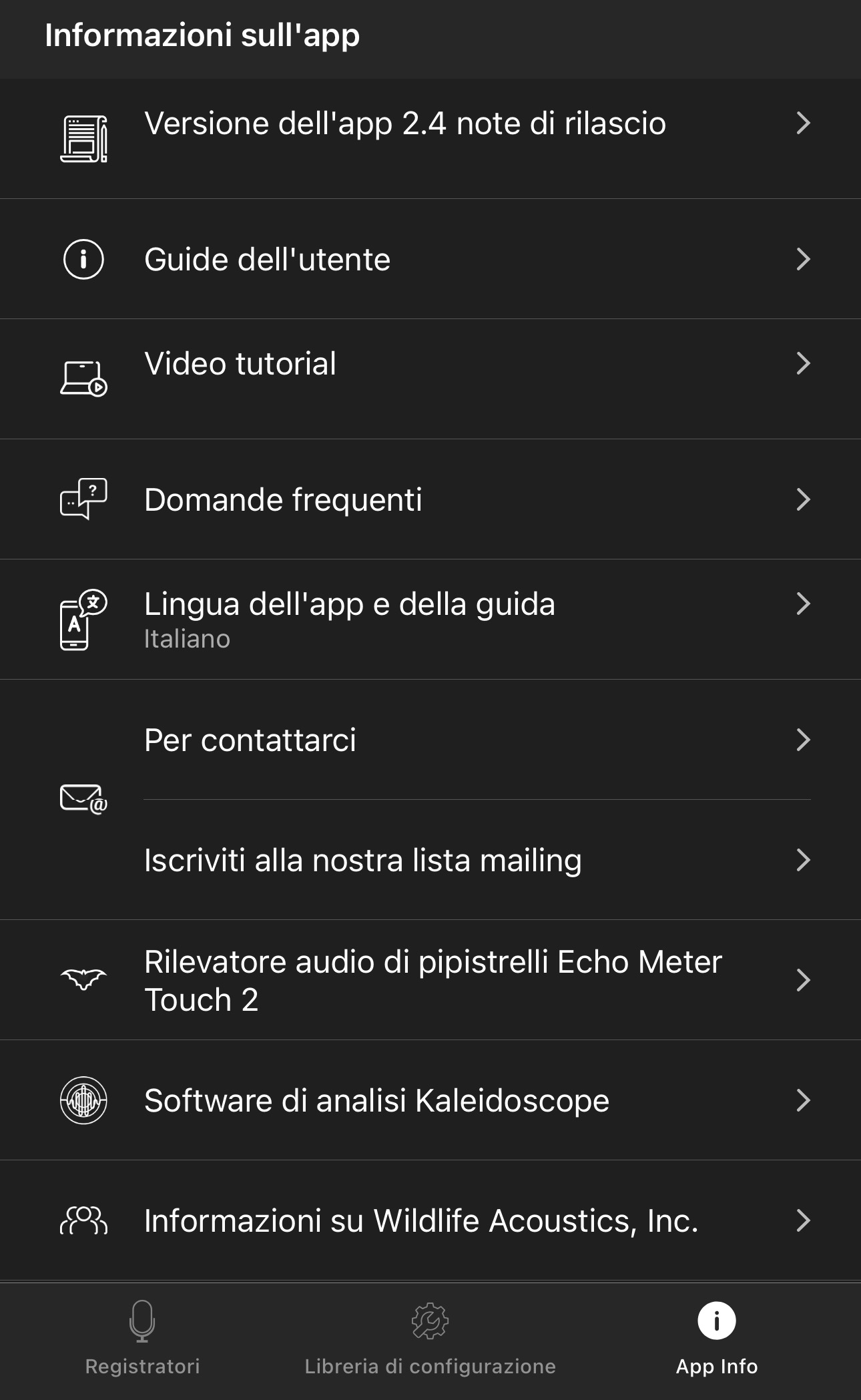 Screenshot della schermata delle informazioni sull'app. Vedere il testo seguente per una descrizione completa.