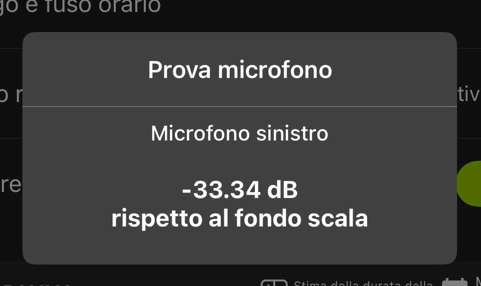 La finestra Prova microfono mostra una lettura del livello per ciascun microfono collegato in decibel (dB).