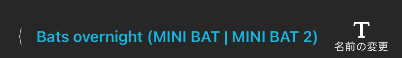 設定ライブラリの設定編集の一番上の情報バー。左から順に、「< Bats overnight (MINI BAT | MINI BAT 2) 名前の変更。」