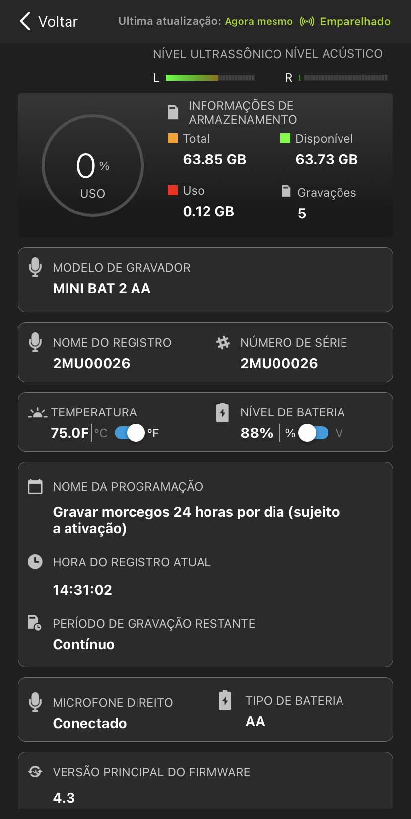 Captura de tela da tela Status. Os elementos da interface do usuário estão descritos no texto abaixo.