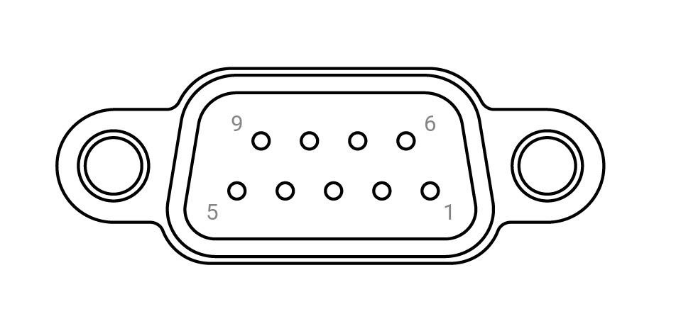 With the longer edge of the DB-9 port on the bottom, pin 1 is at the lower-right corner, pin 5 is at the lower-left corner, pin 6 is at the upper-right corner, and pin 9 is at the upper-left corner.