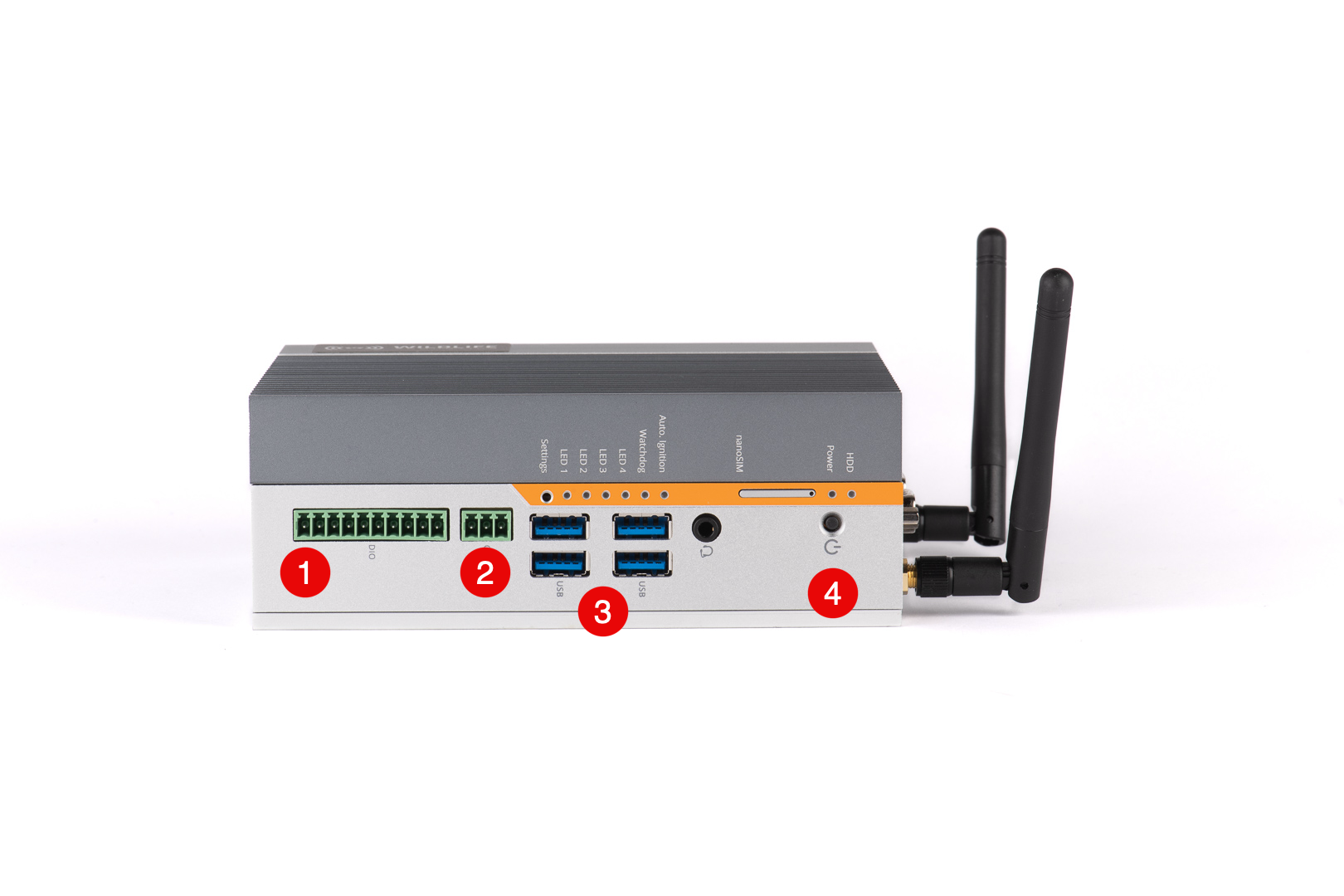 The ports and buttons listed below are arranged on one long face of the SMART Controller, along with several status LEDs and a headphone/microphone jack.