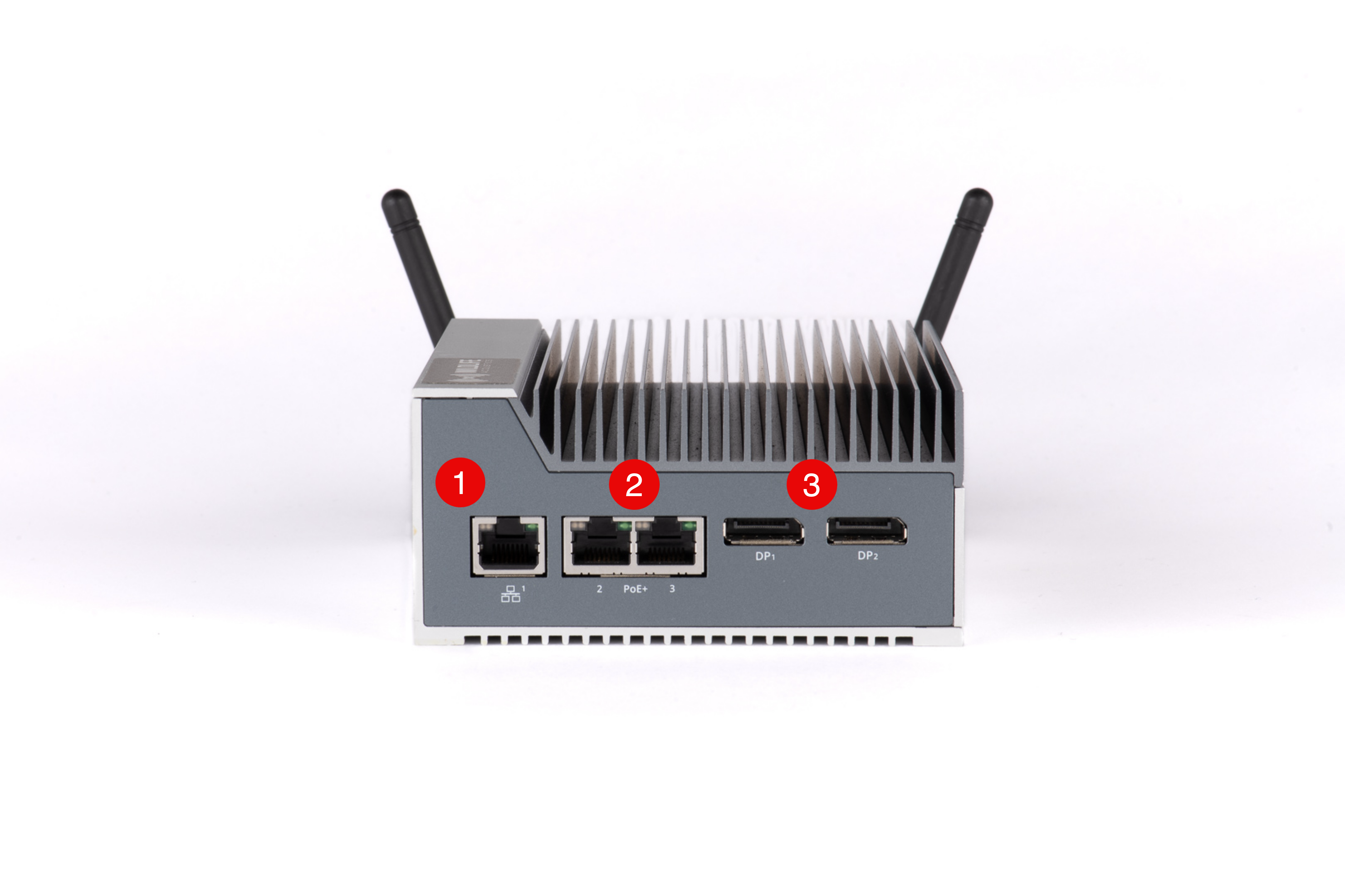 When the cooling fins are facing upwards, the ports listed below are arranged from left to right on the face opposite the Wi-Fi antennae.