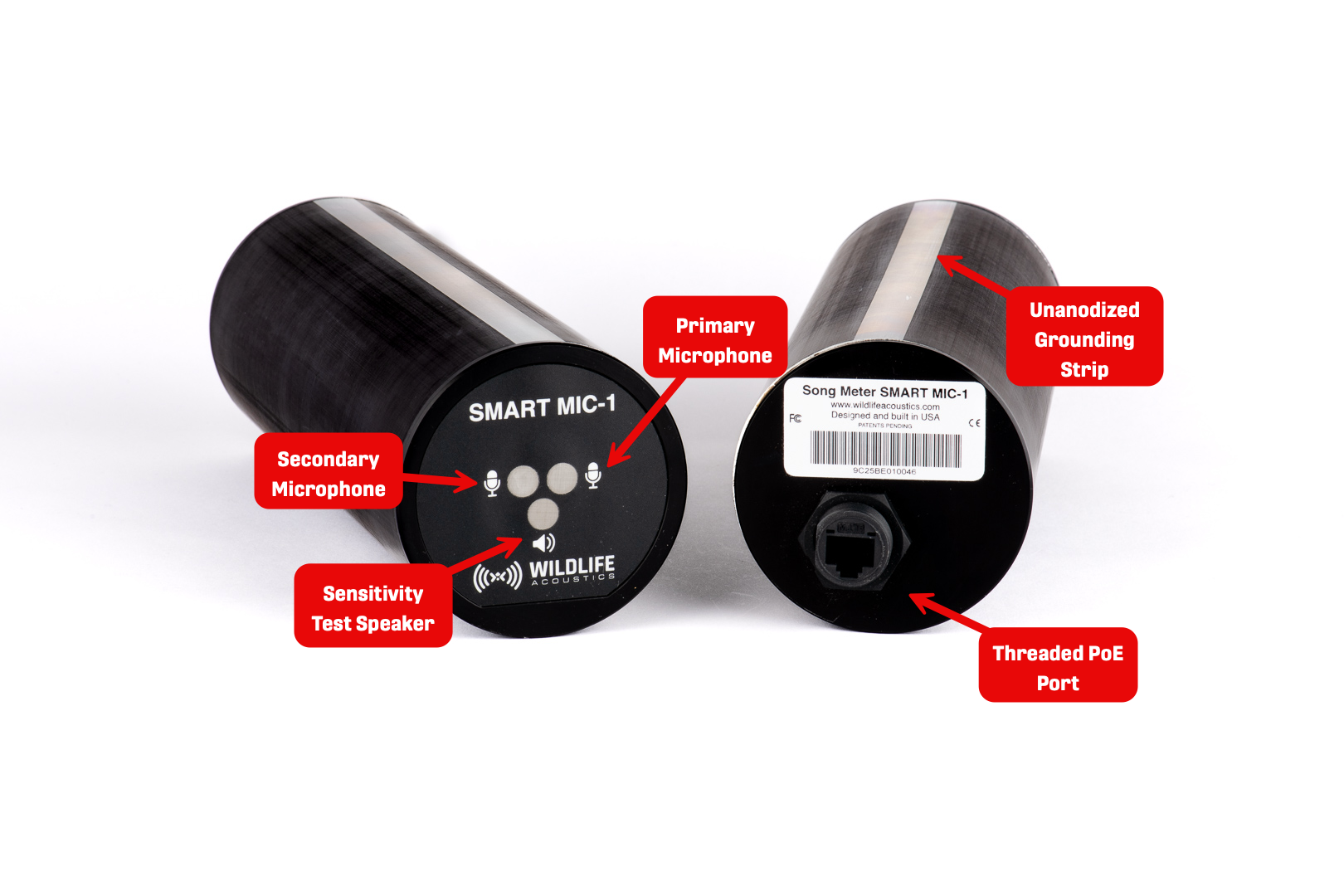 The SMART MIC-1 is cylindrical. On one end are two microphone elements and a speaker, arranged in a triangle and each protected by mesh. On the opposite end is a protruding Ethernet port with external threading.