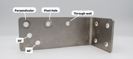 On the longer face of the mounting bracket, starting closest to the bend, the through-wall hole, pivot hole, and perpendicular hole are arranged linearly along the length of the face. The 30° and 60° holes are adjacent to the perpendicular hole.