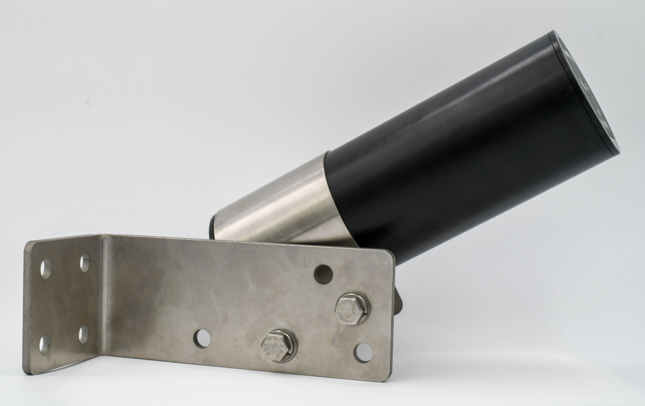 The bracket juts outwards horizontally from a wall. The microphone is angled to extend 30° above horizontal.