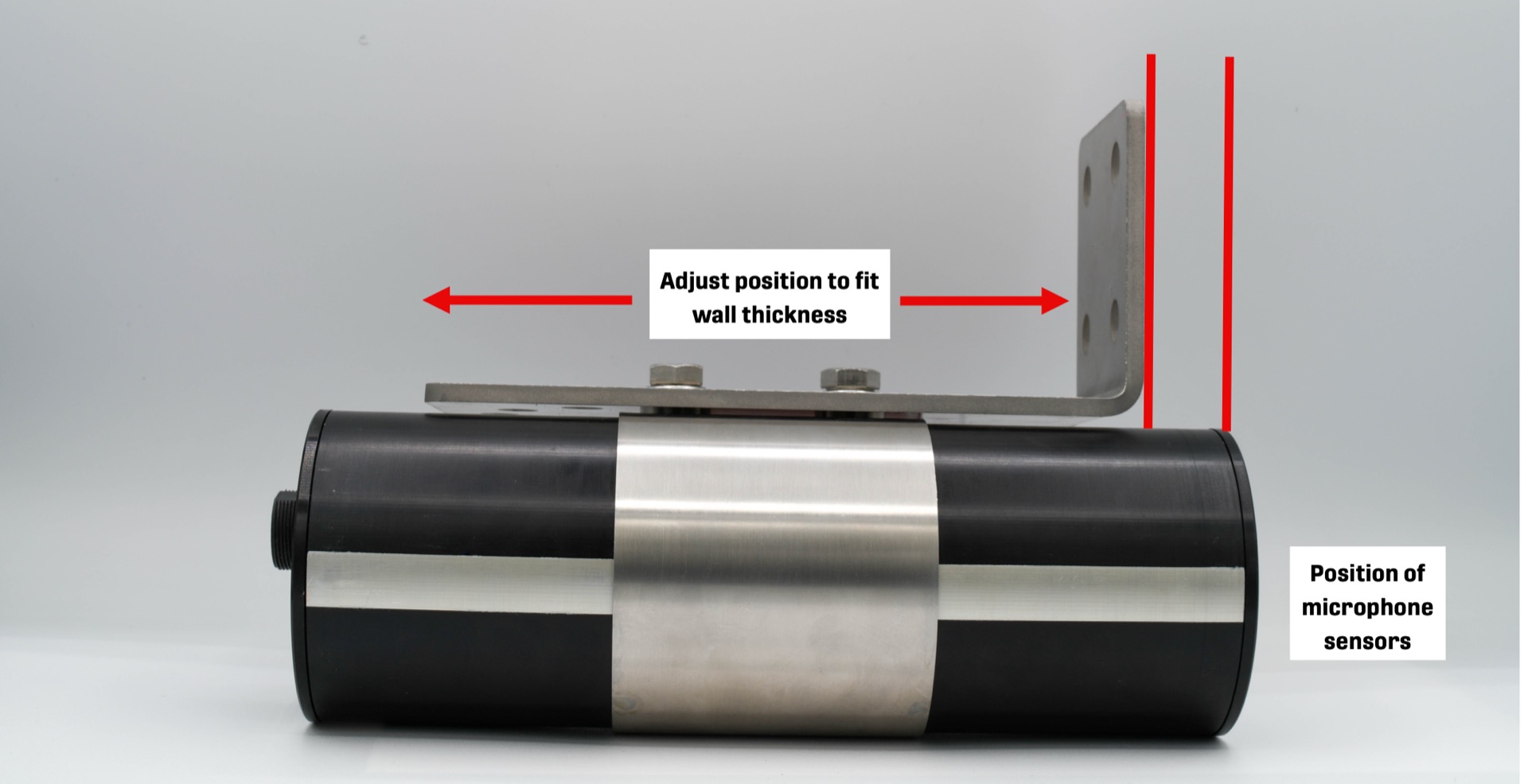 The mounting bracket is positioned on the interior of a wall. The microphone faces towards the exterior, extending past the angled end of the bracket and through the wall.