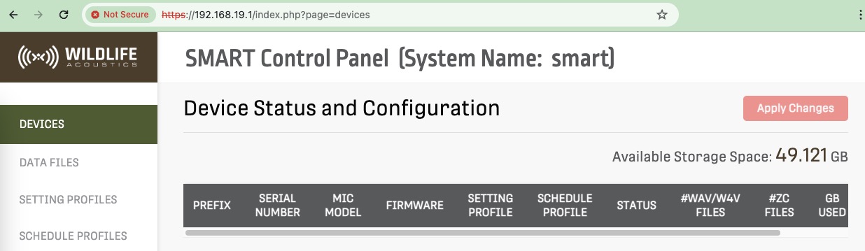 The SMART Control Panel opens to the "Devices," or, "Device Status and Configuration" tab first, by default.